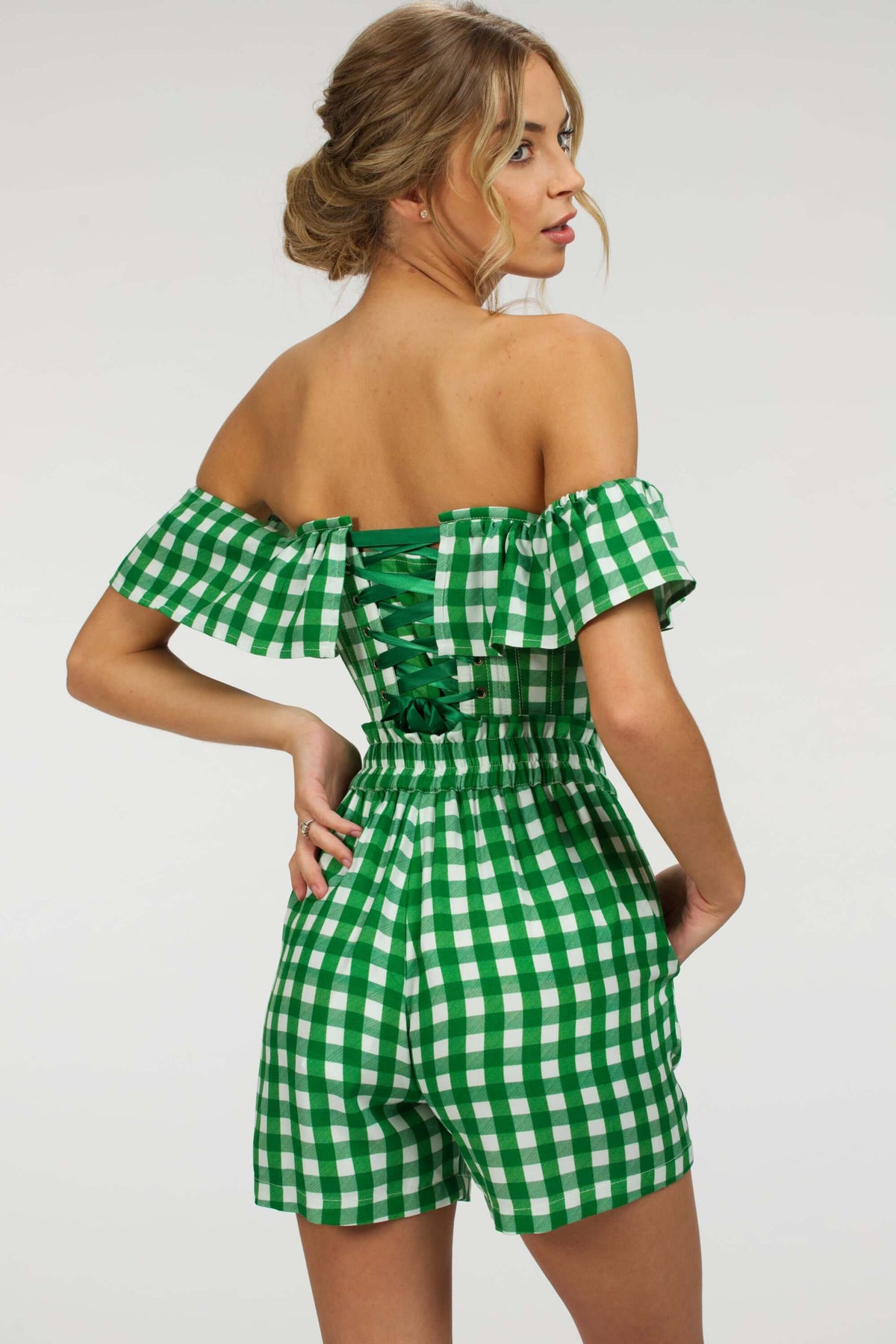 Calla Gingham Green Viscose Elasticated Paperbag Shorts