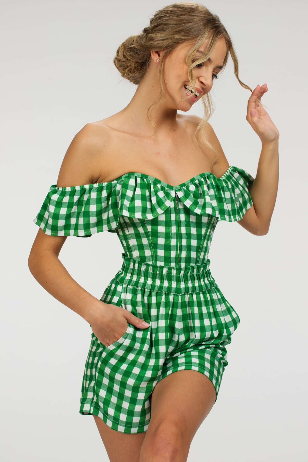 Calla Gingham Green Viscose Elasticated Paperbag Shorts