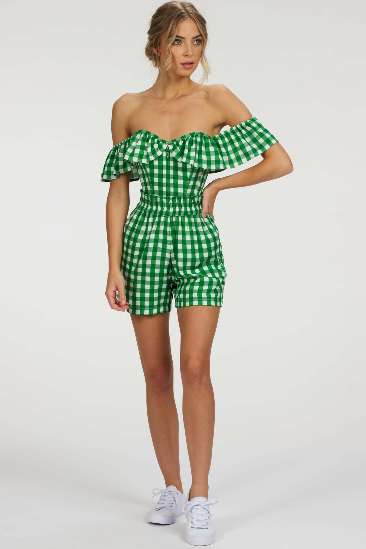 Calla Gingham Green Viscose Elasticated Paperbag Shorts
