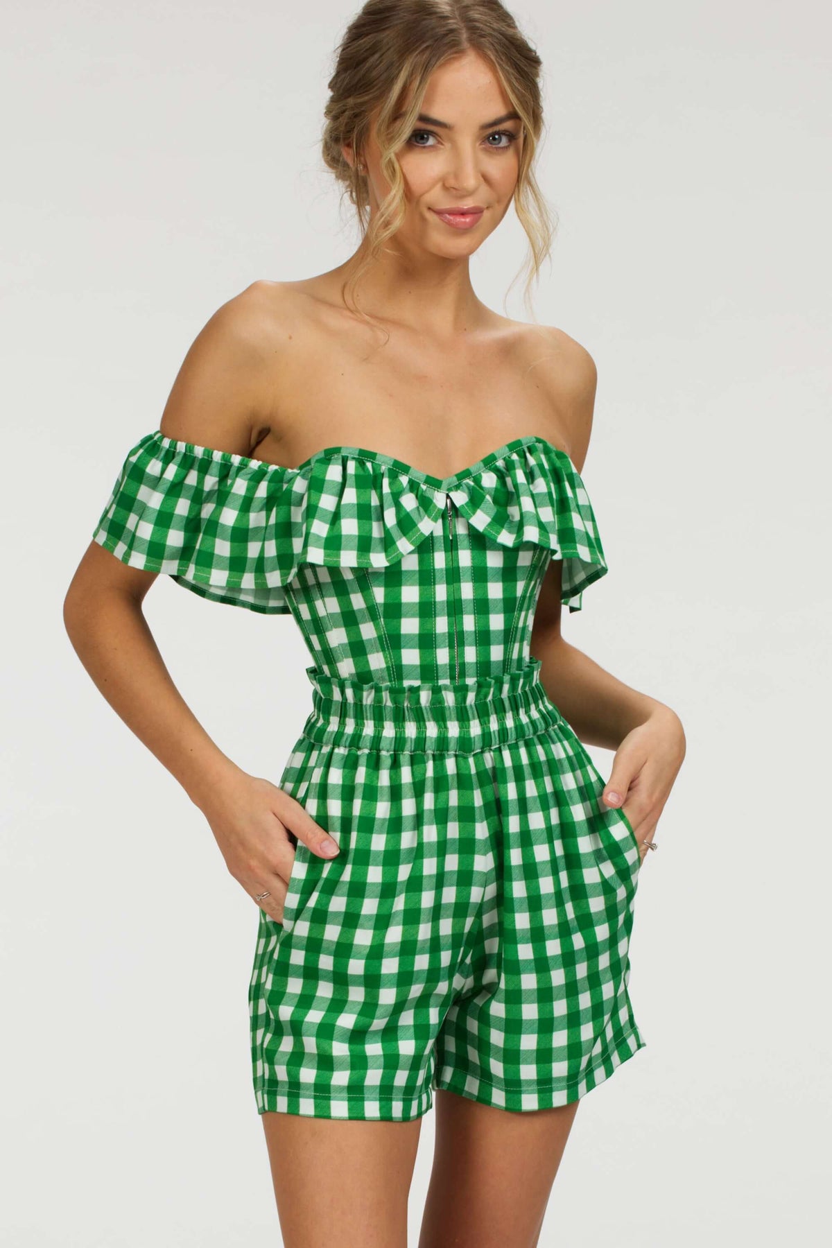 Calla Gingham Green Viscose Elasticated Paperbag Shorts