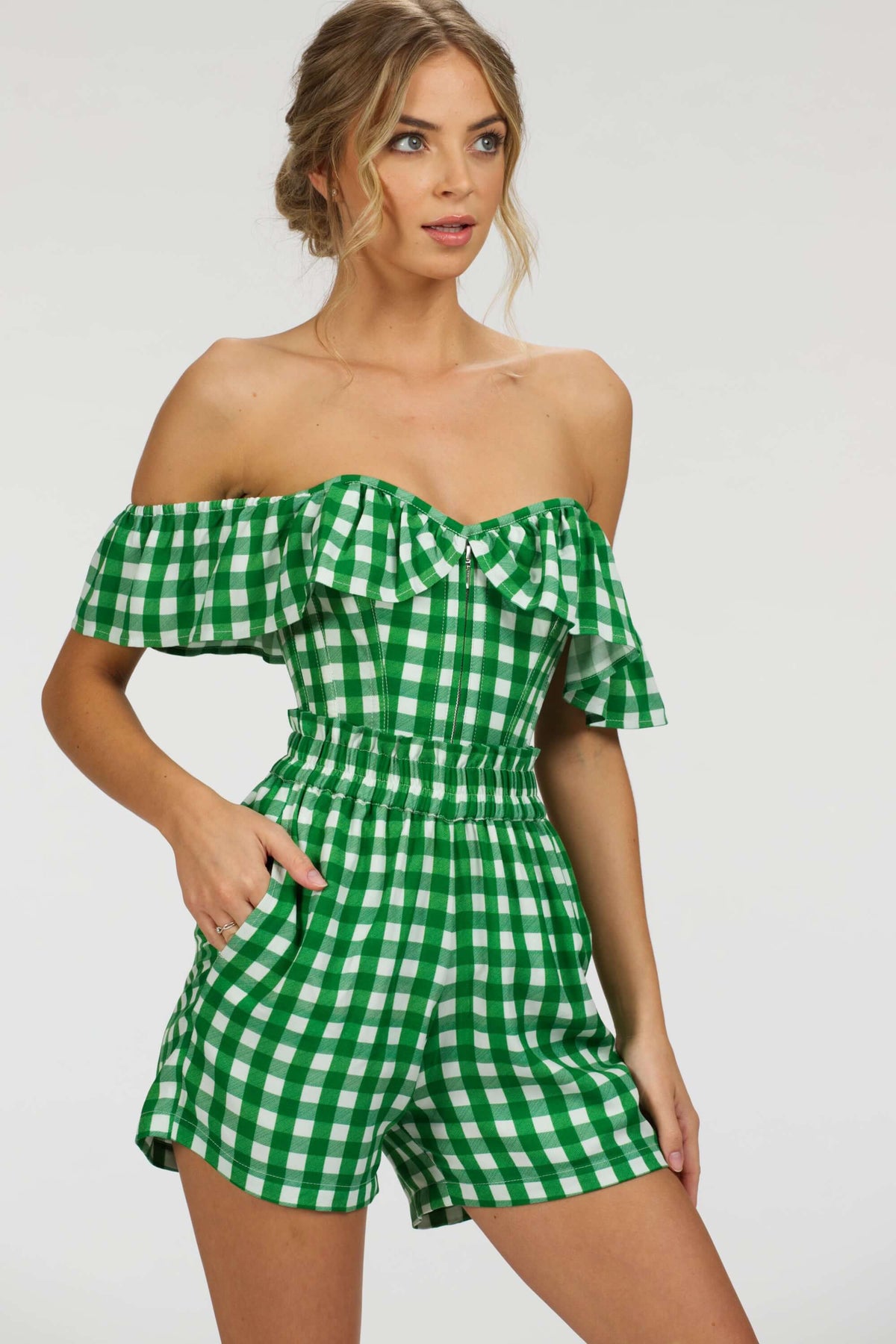 Calla Gingham Green Viscose Elasticated Paperbag Shorts