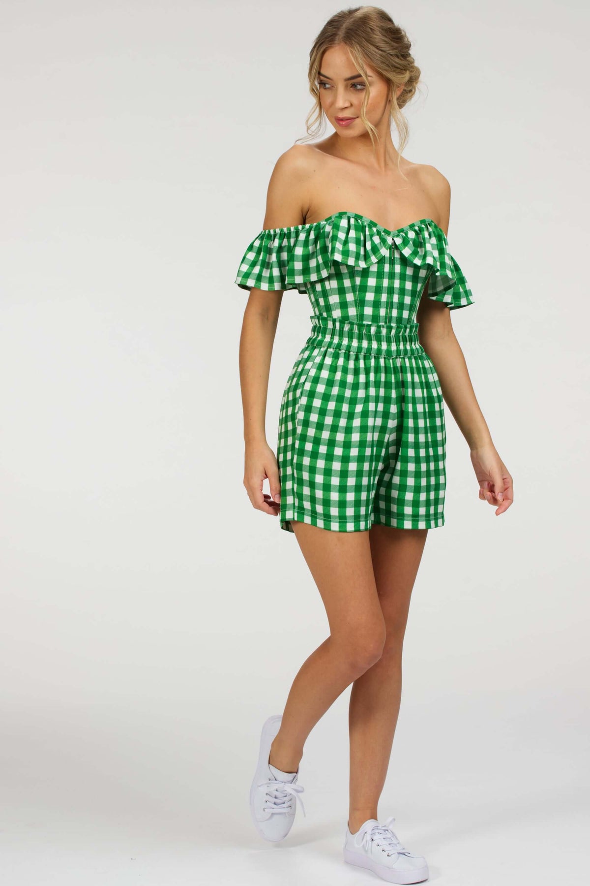 Calla Gingham Green Viscose Elasticated Paperbag Shorts