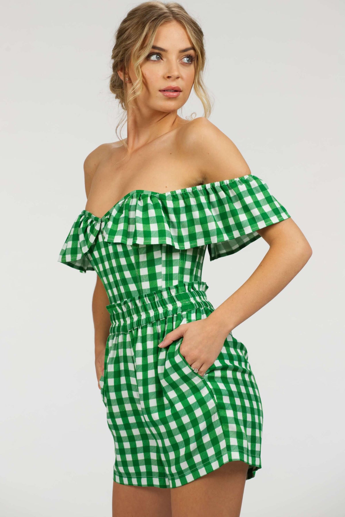 Calla Gingham Green Viscose Elasticated Paperbag Shorts