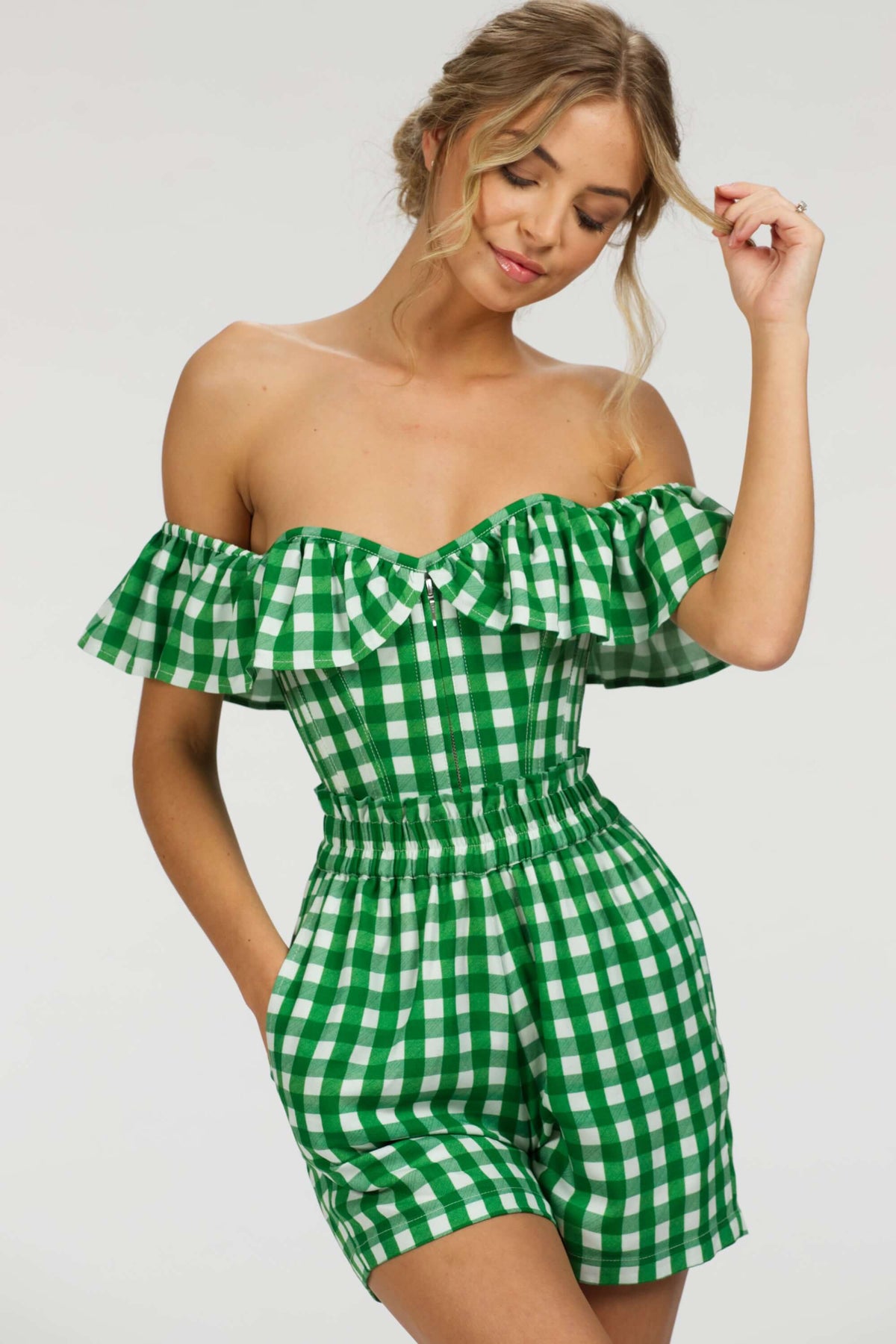 Calla Gingham Green Viscose Elasticated Paperbag Shorts