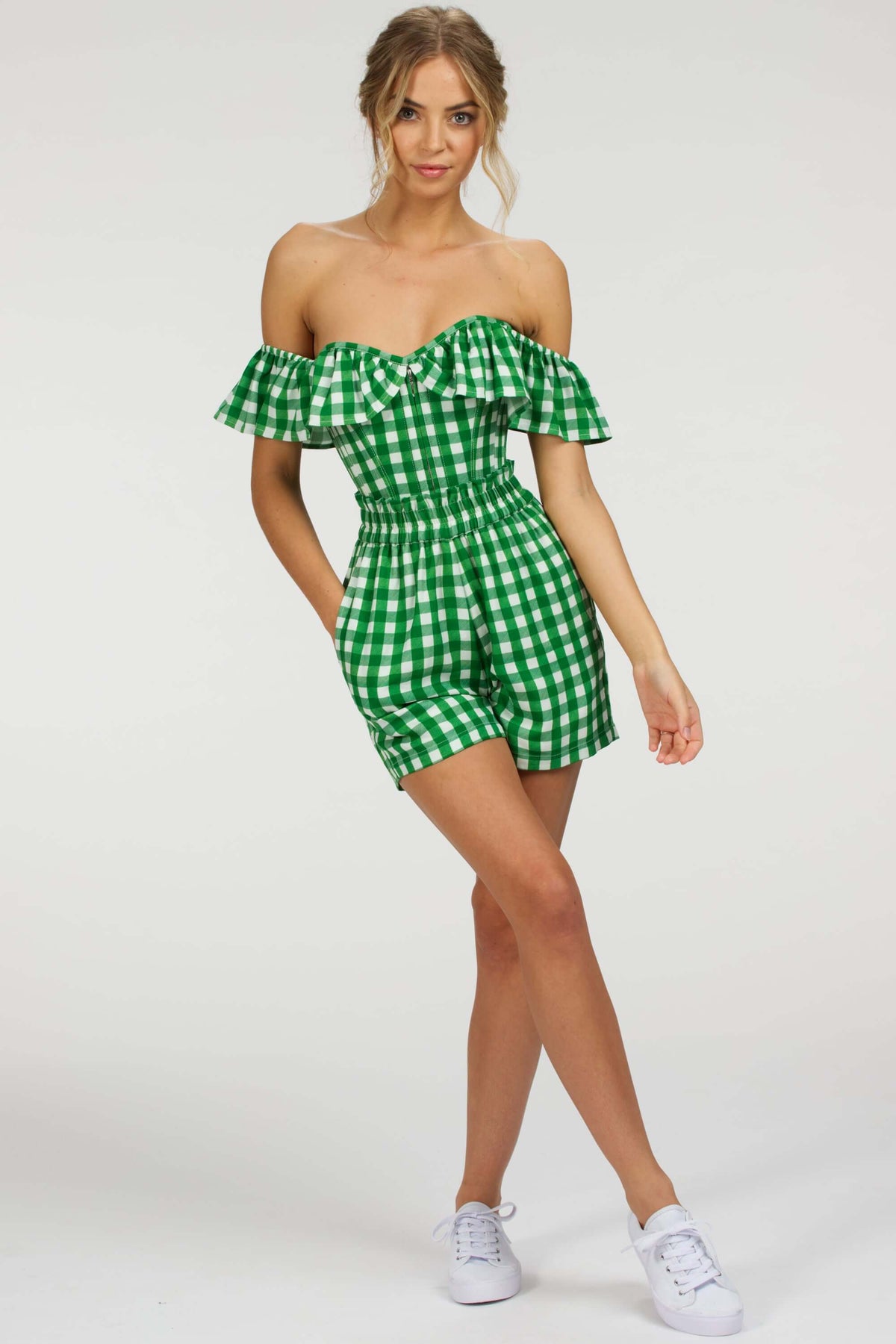 Calla Gingham Green Viscose Elasticated Paperbag Shorts