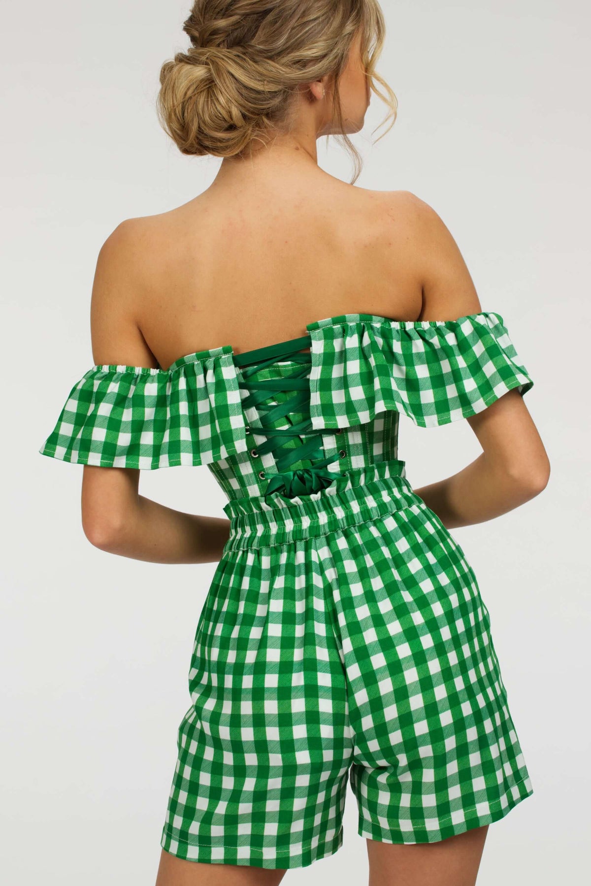 Calla Gingham Green Viscose Elasticated Paperbag Shorts