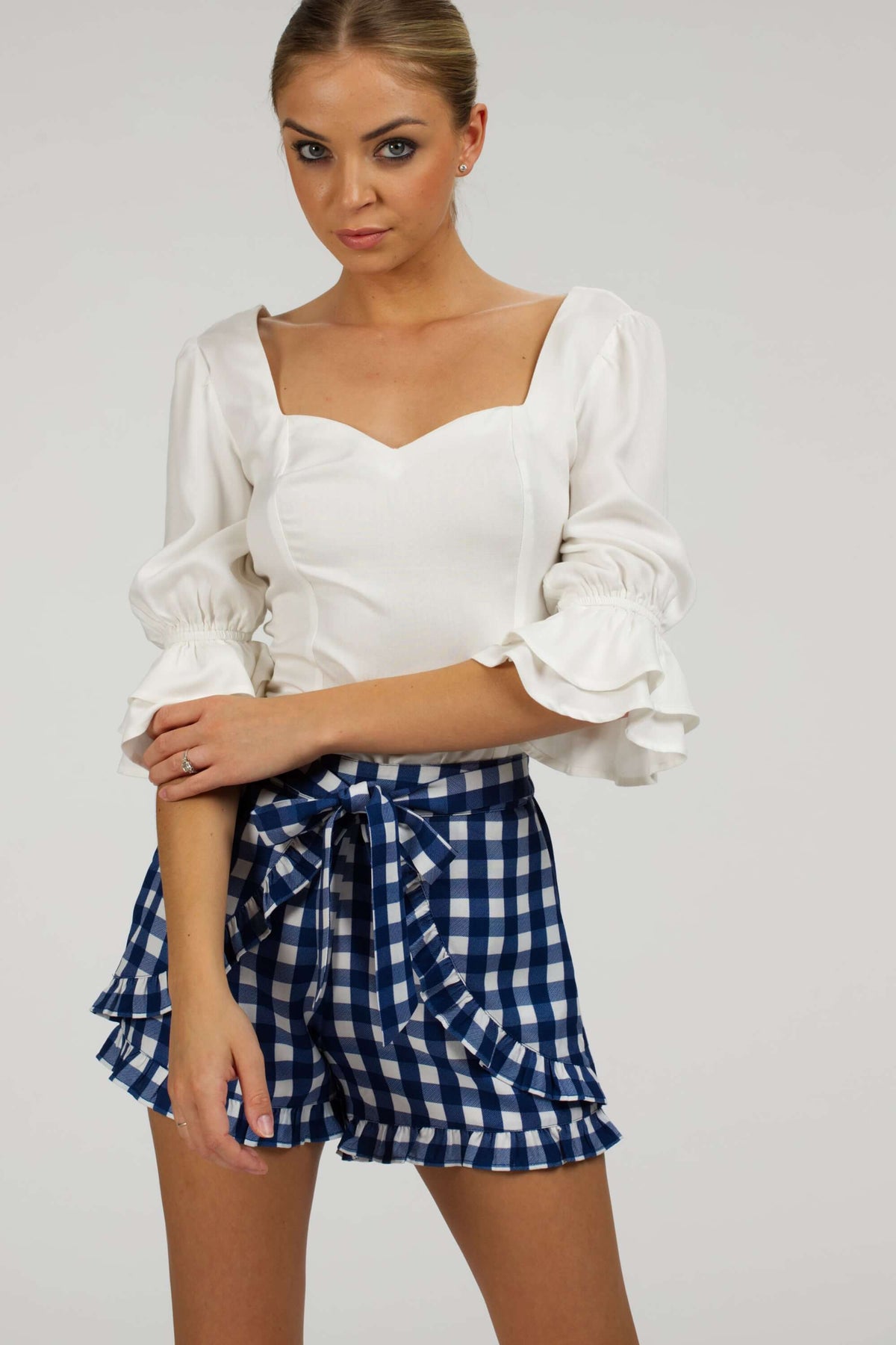 Daisy Gingham Blue Viscose Shorts With Frill Edge And Self Tie Belt