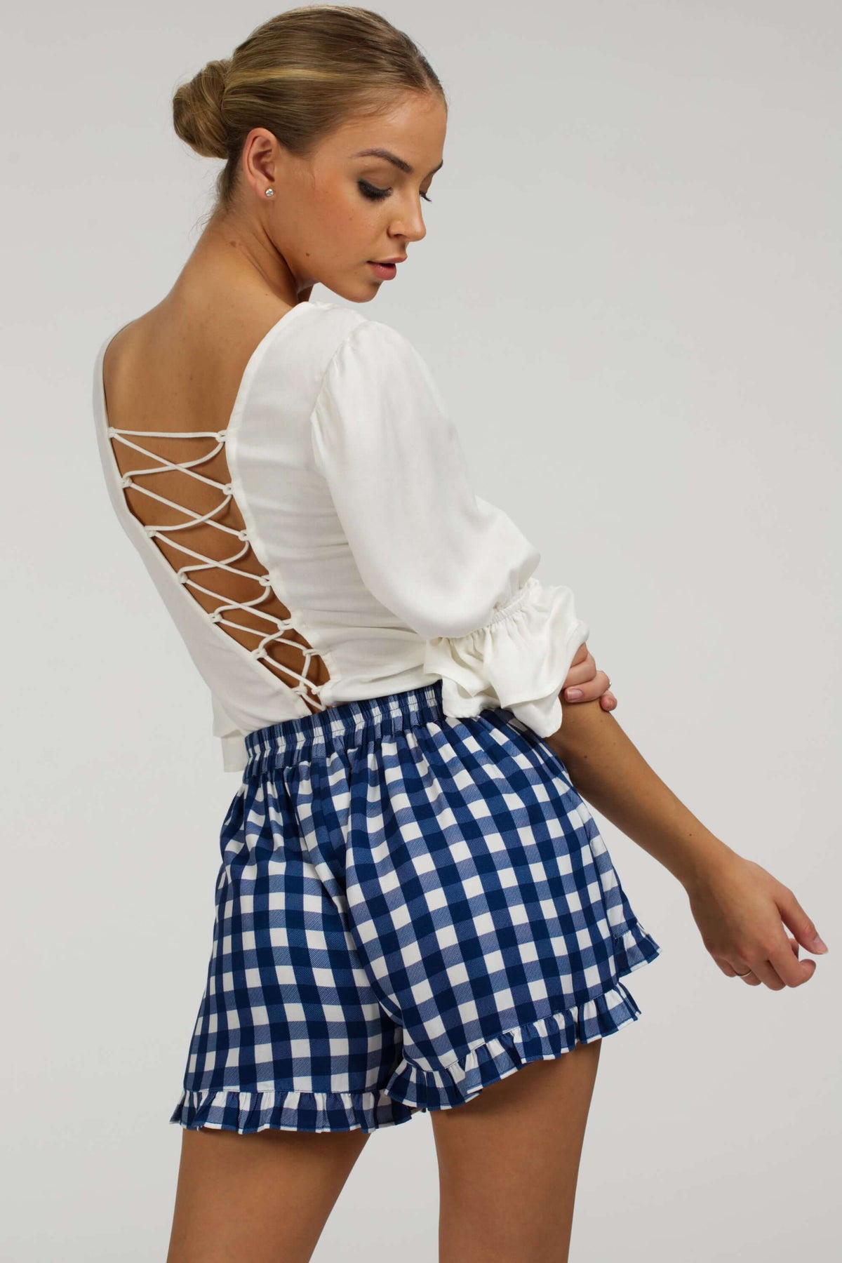 Daisy Gingham Blue Viscose Shorts With Frill Edge And Self Tie Belt