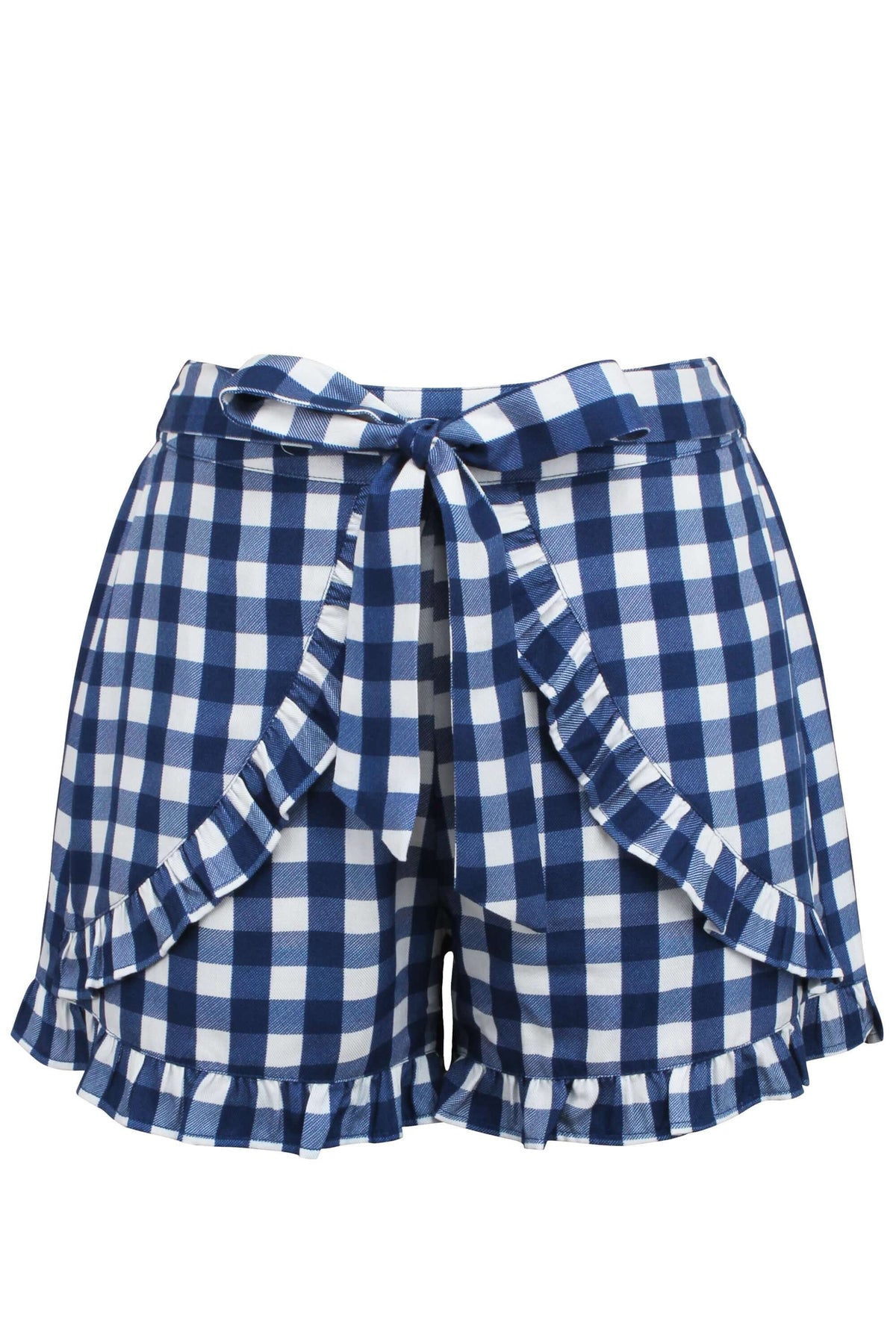 Daisy Gingham Blue Viscose Shorts With Frill Edge And Self Tie Belt