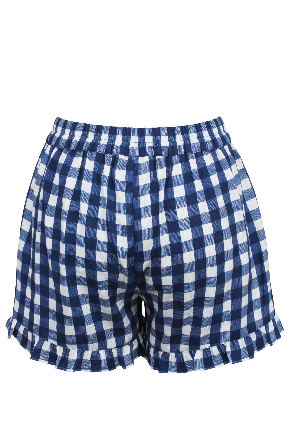 Daisy Gingham Blue Viscose Shorts With Frill Edge And Self Tie Belt