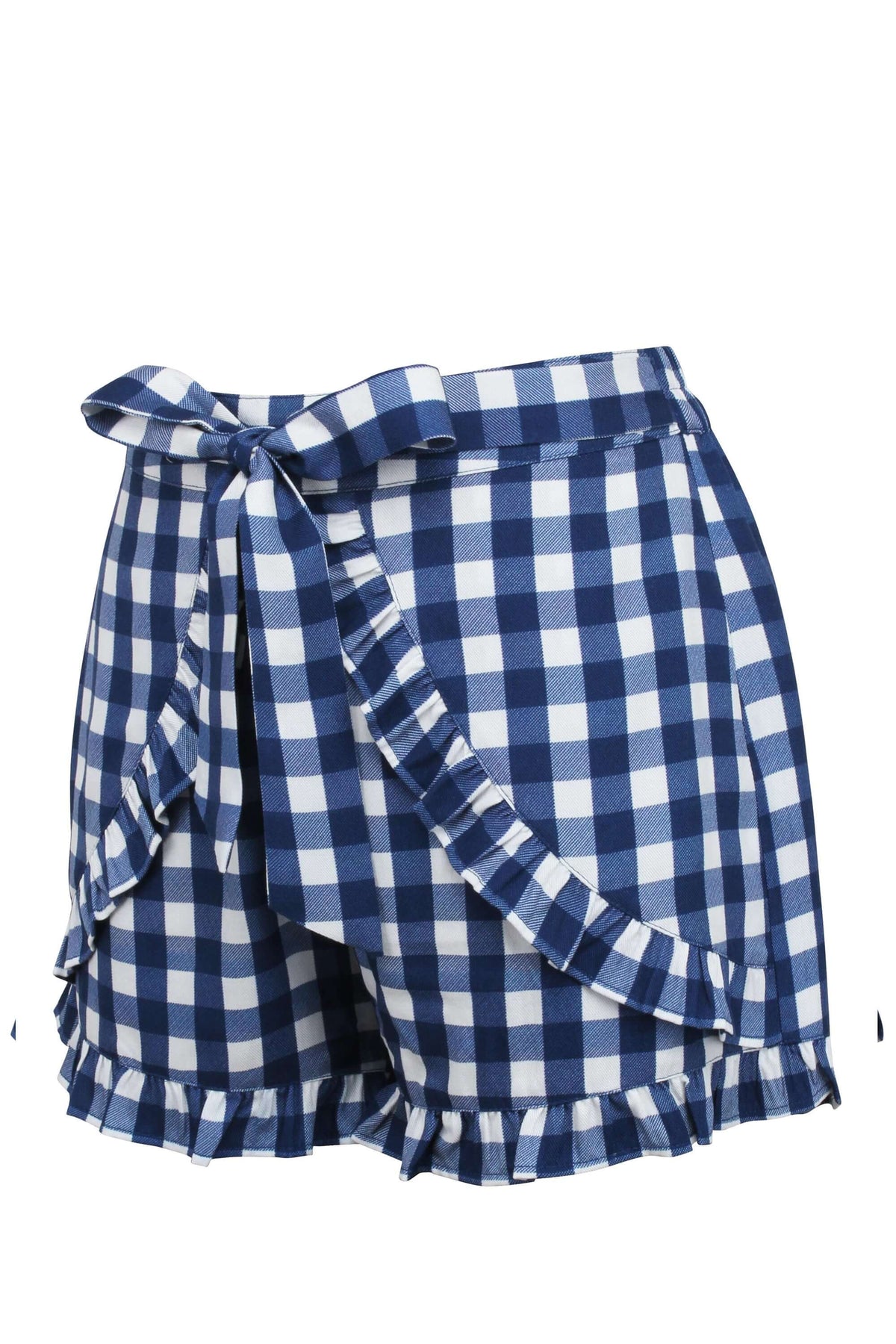 Daisy Gingham Blue Viscose Shorts With Frill Edge And Self Tie Belt