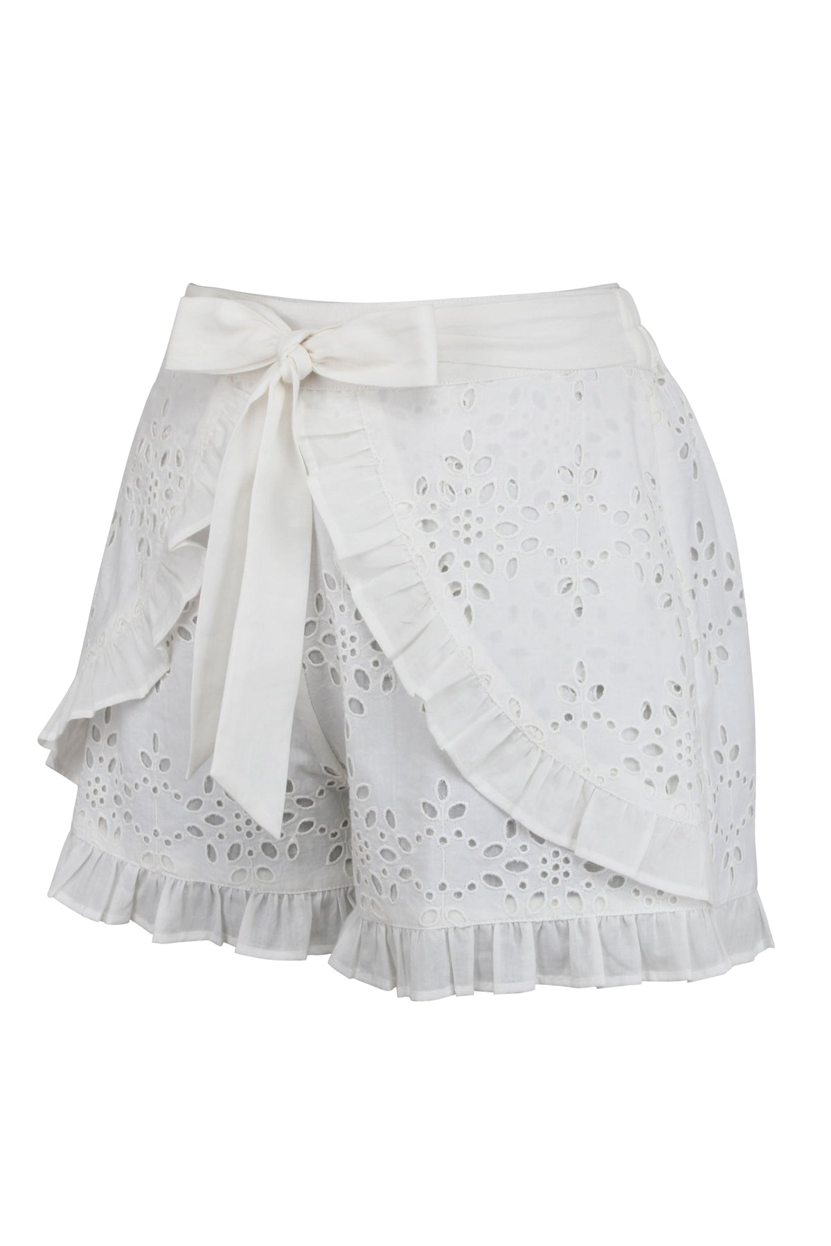 Daisy White Broderie Anglaise Cotton Shorts With Frill Edge And Self Tie Belt