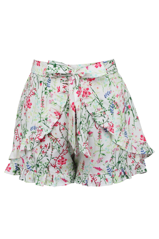 Daisy Meadow Viscose Shorts With Frill Edge And Self Tie Belt