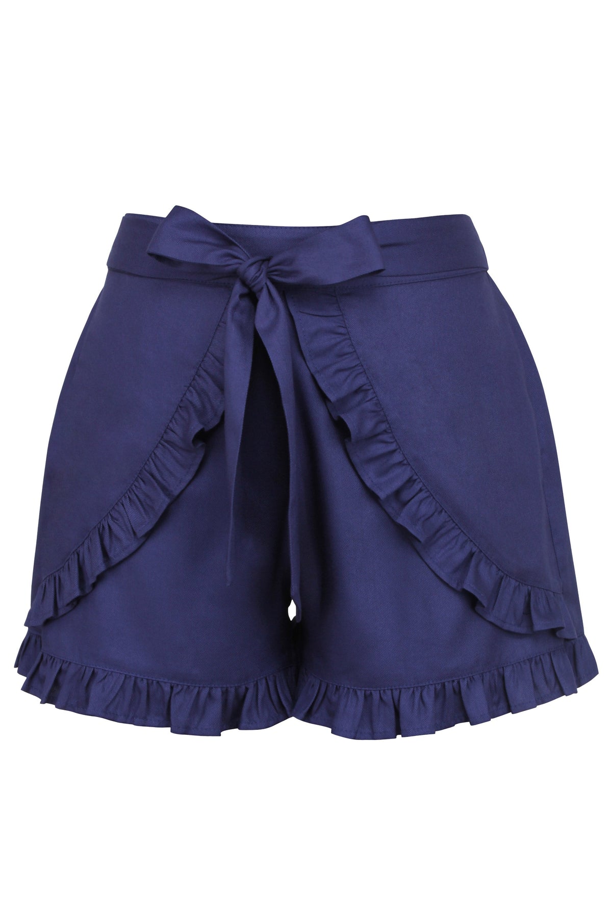 Daisy Summer Navy Viscose Shorts With Frill Edge And Self Tie Belt
