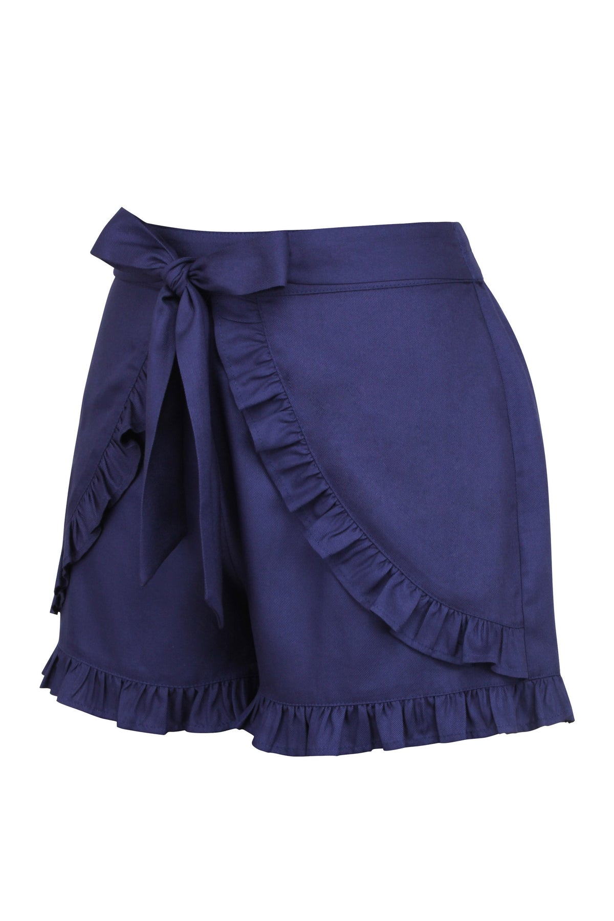 Daisy Summer Navy Viscose Shorts With Frill Edge And Self Tie Belt