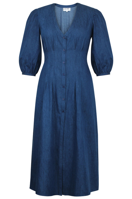 Rosemary Blue Chambray Shirt Dress With Corset-Inspired Lacing
