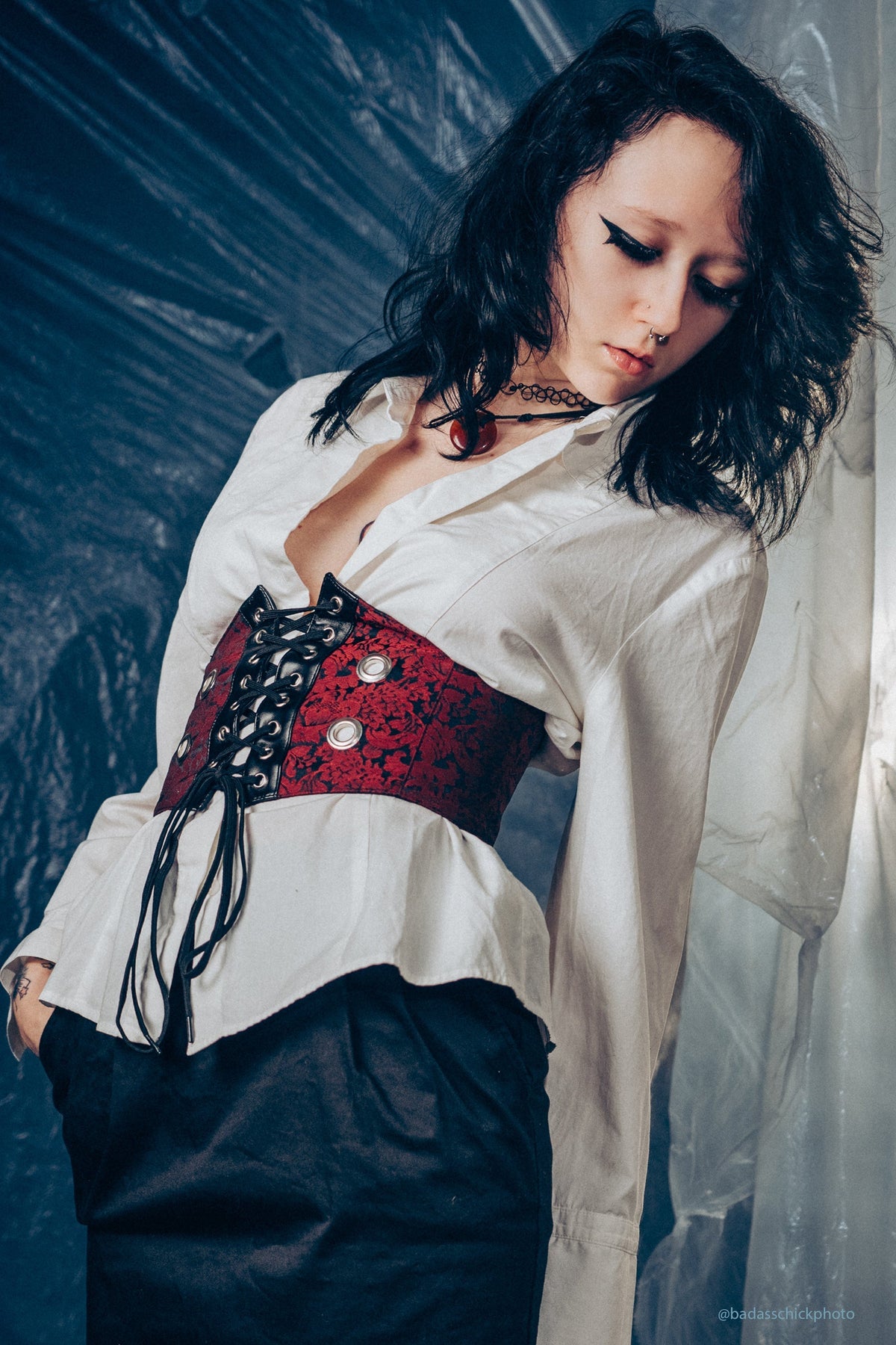 Maroon Brocade And PVC Corset Inspired Belt