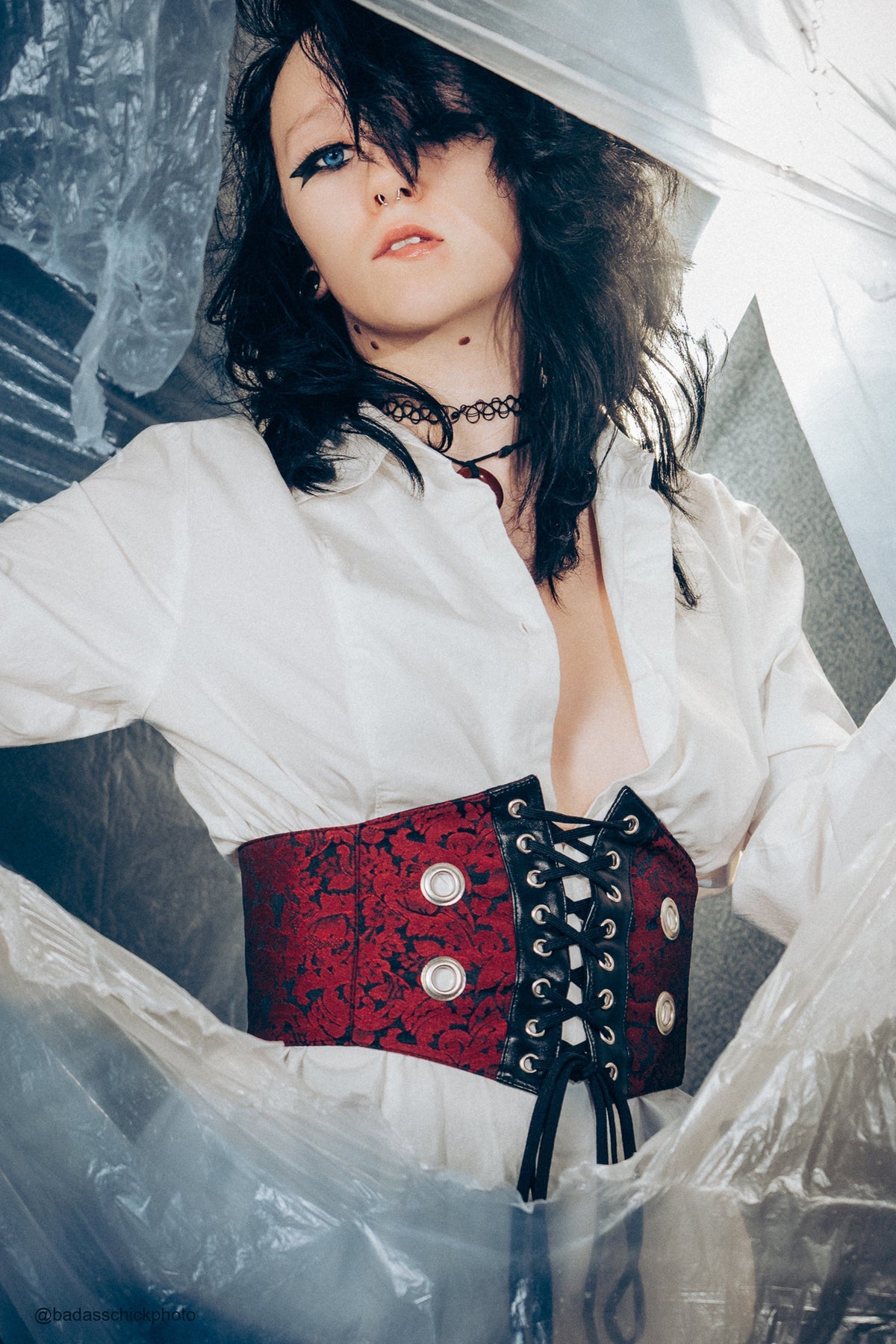 Maroon Brocade And PVC Corset Inspired Belt