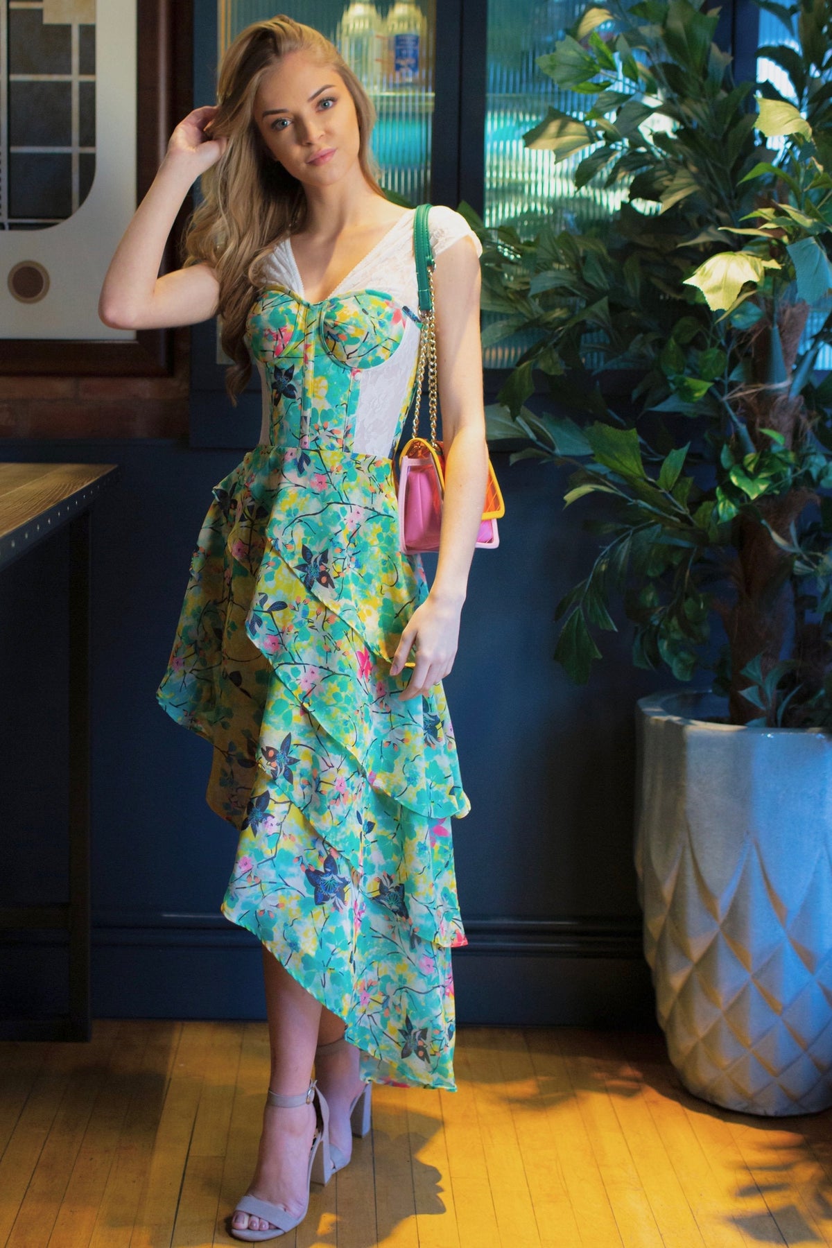 Tropical Print Mesh Panelled Corset Dress