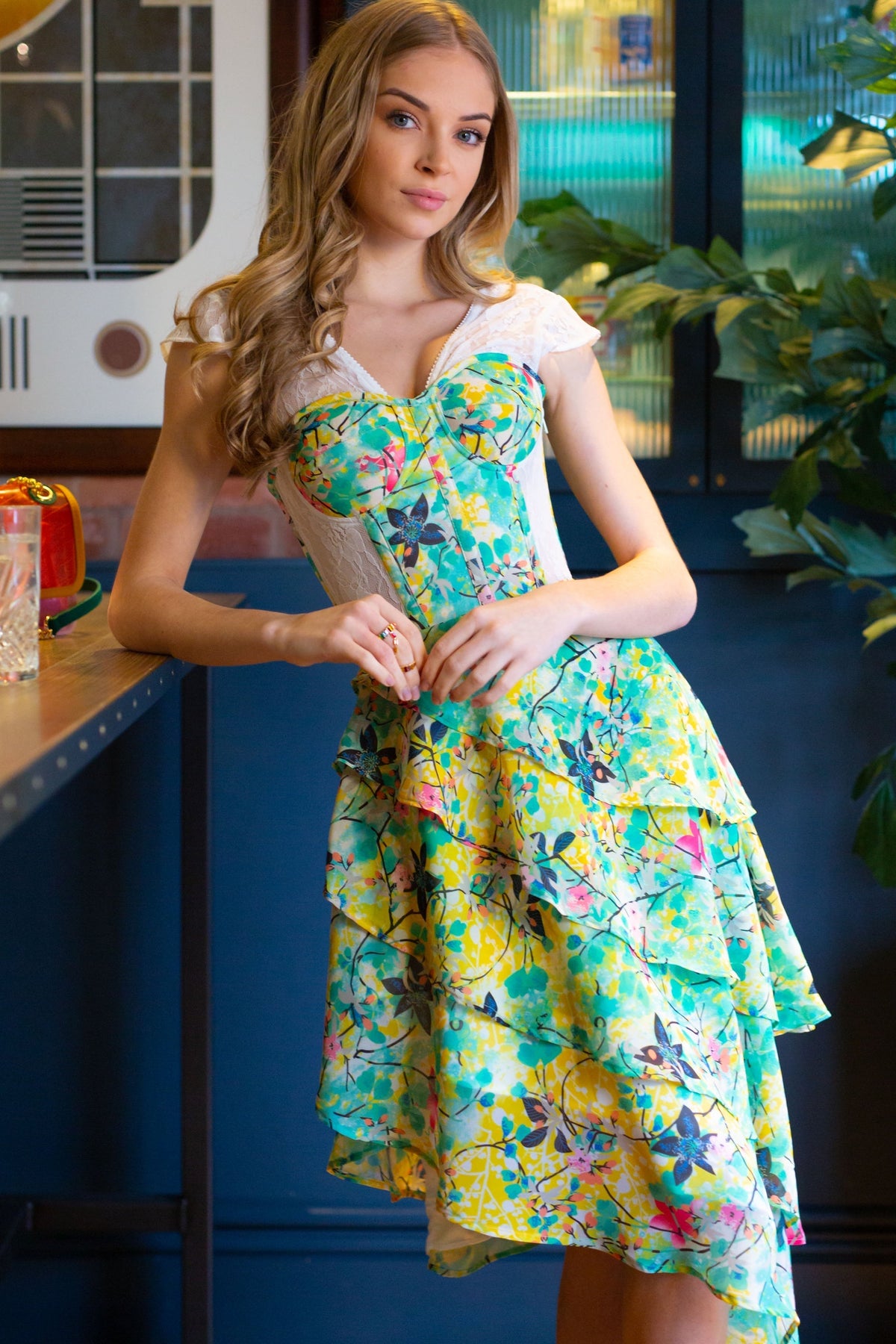 Tropical Print Mesh Panelled Corset Dress