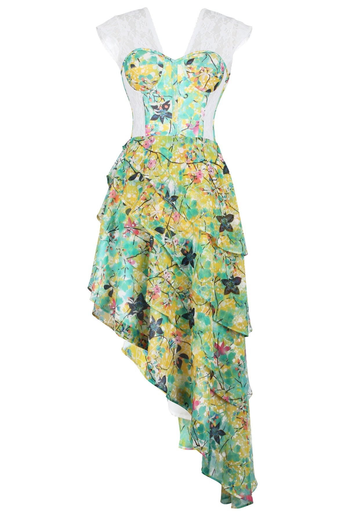 Tropical Print Mesh Panelled Corset Dress