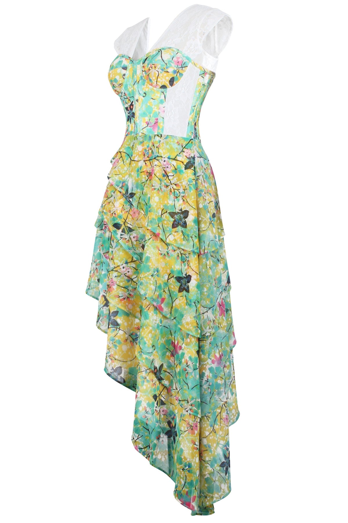 Tropical Print Mesh Panelled Corset Dress