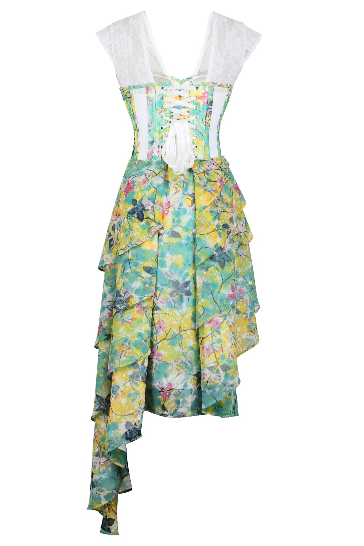 Tropical Print Mesh Panelled Corset Dress