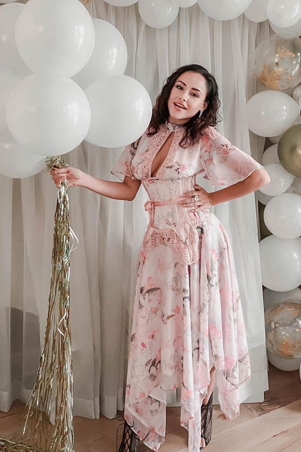 Floral Pink Full Steel Boned Corset Dress