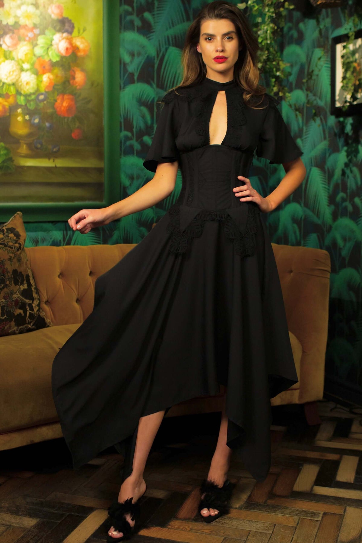 Black Corseted Dress With Lace Detail