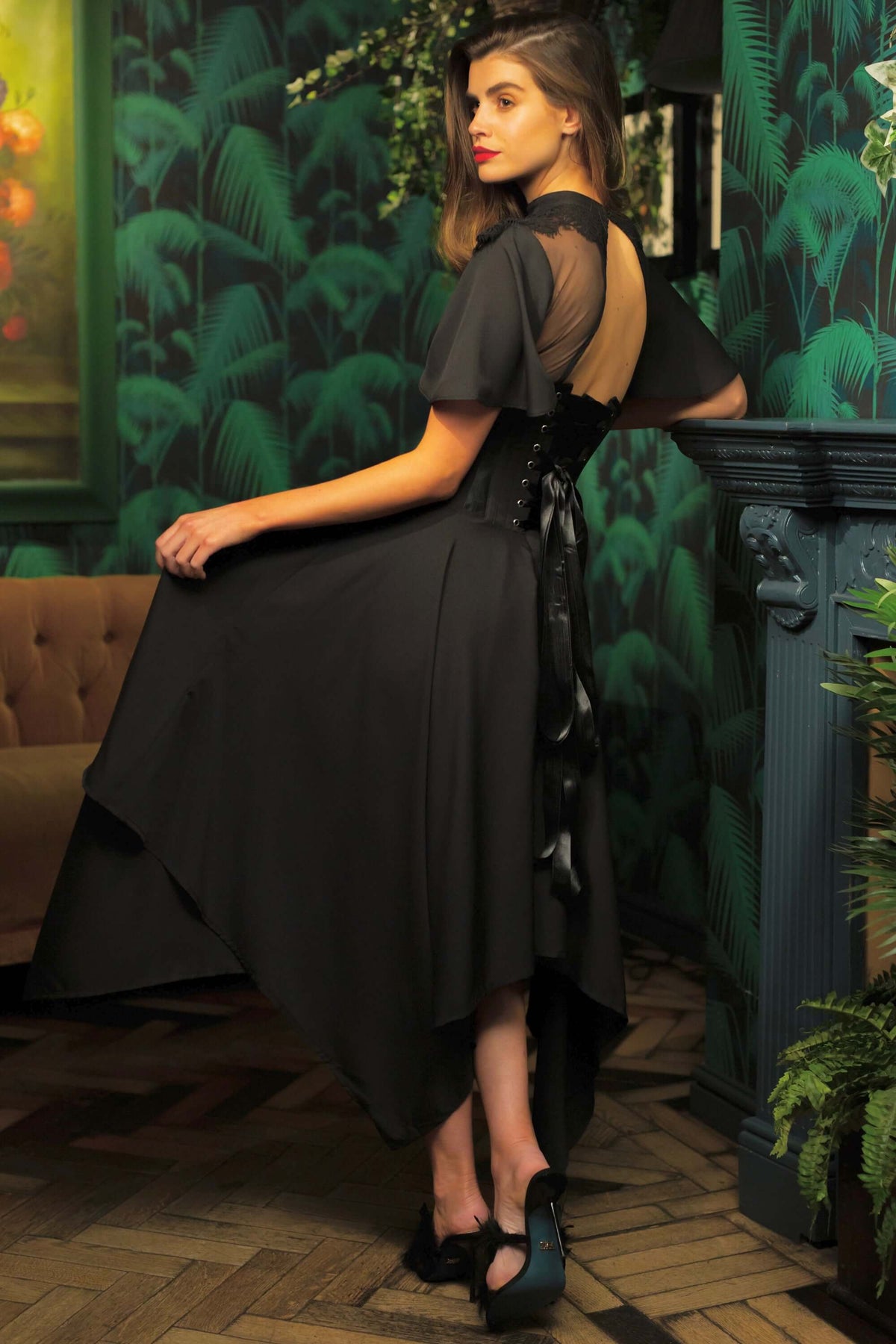 Black Corseted Dress With Lace Detail