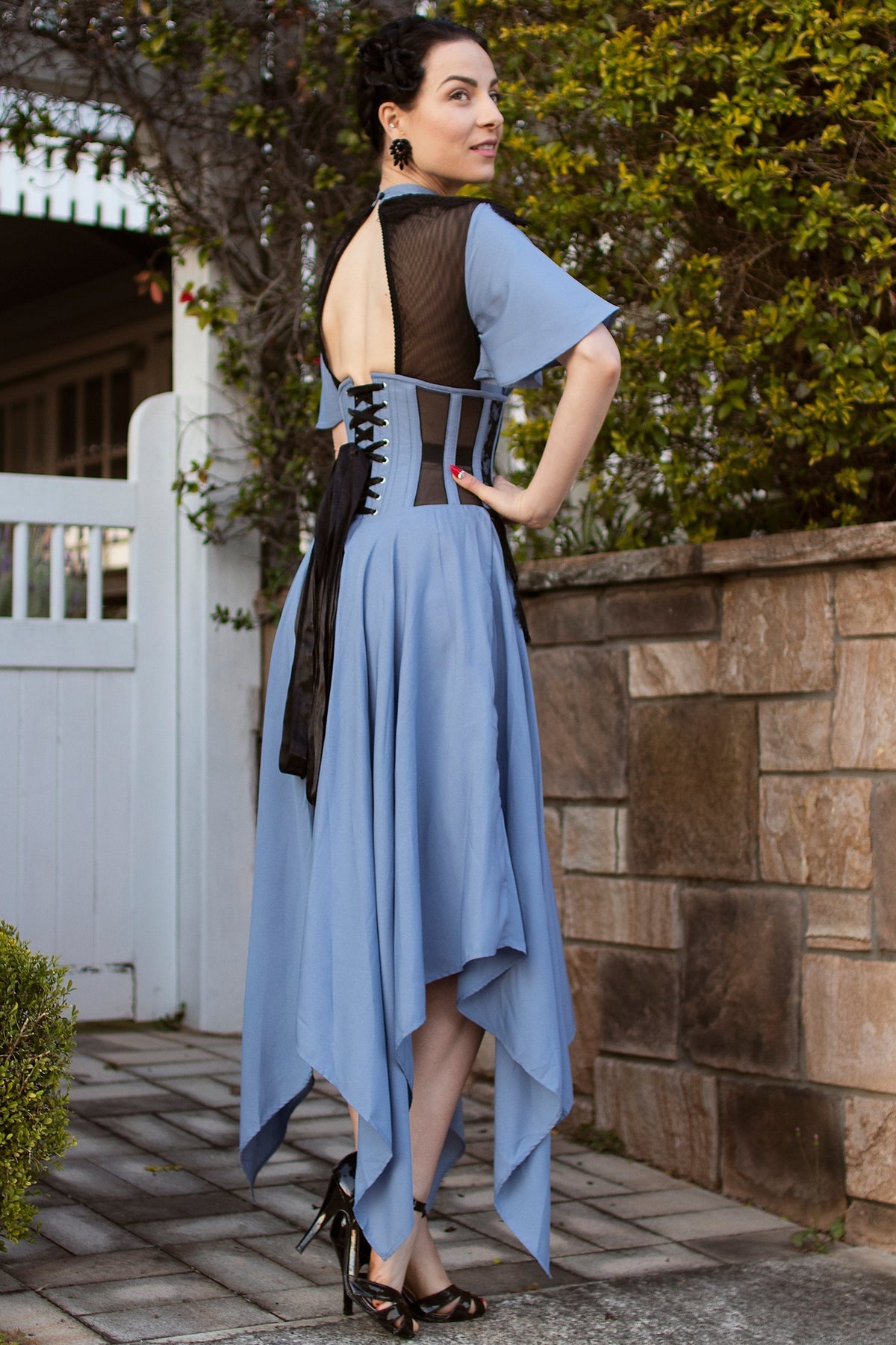 Baby Blue Corset Dress With Lace Trim
