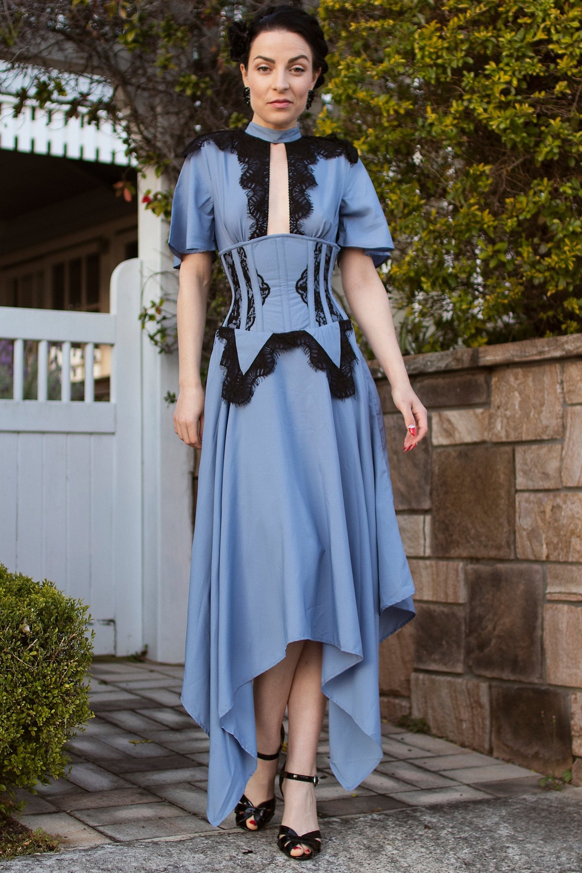 Baby Blue Corset Dress With Lace Trim