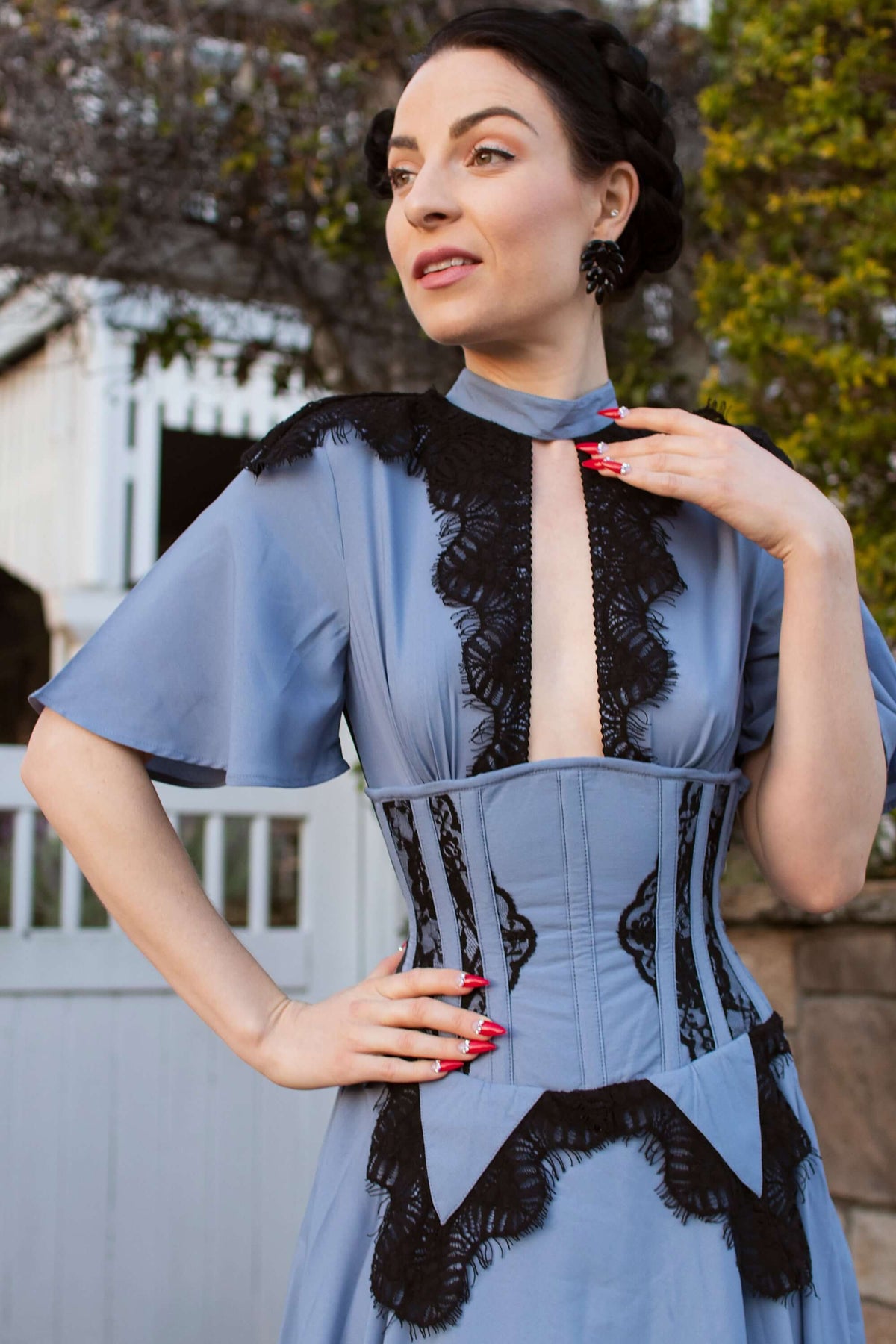 Baby Blue Corset Dress With Lace Trim