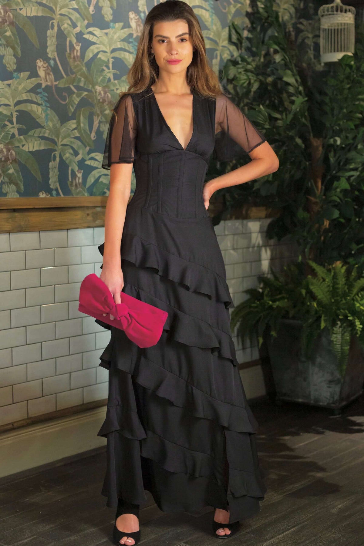 Black Corseted Cascading Dress