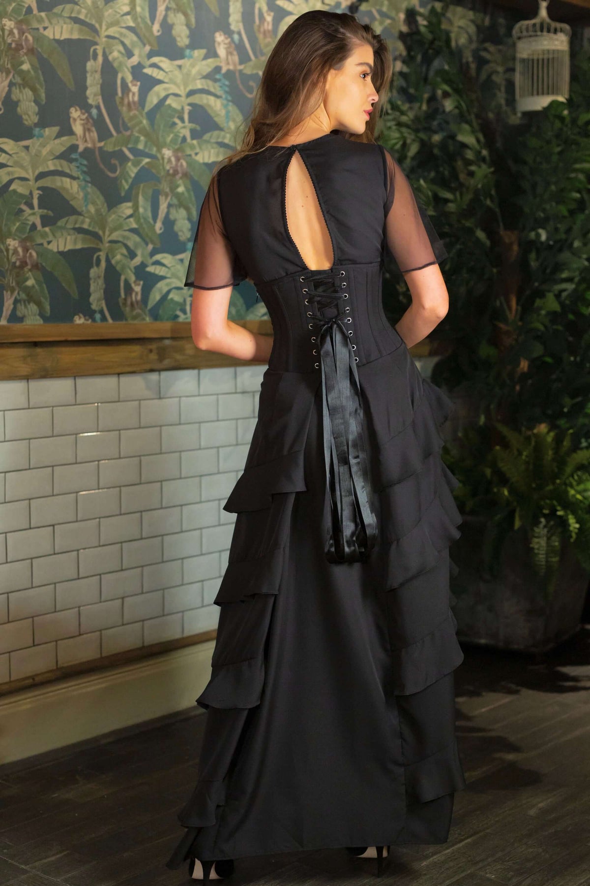 Black Corseted Cascading Dress