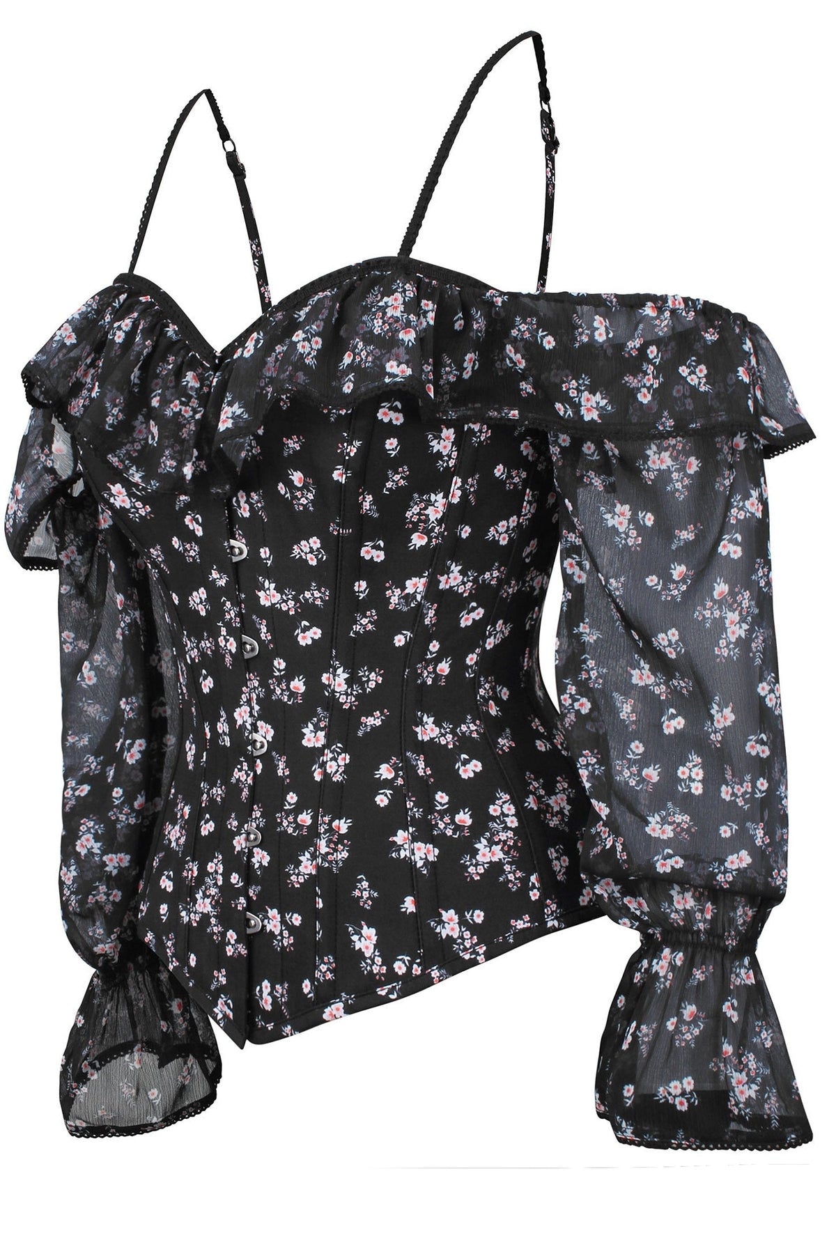 Long Sleeve Dark Ditsy Floral Corset Top With Cold Shoulder