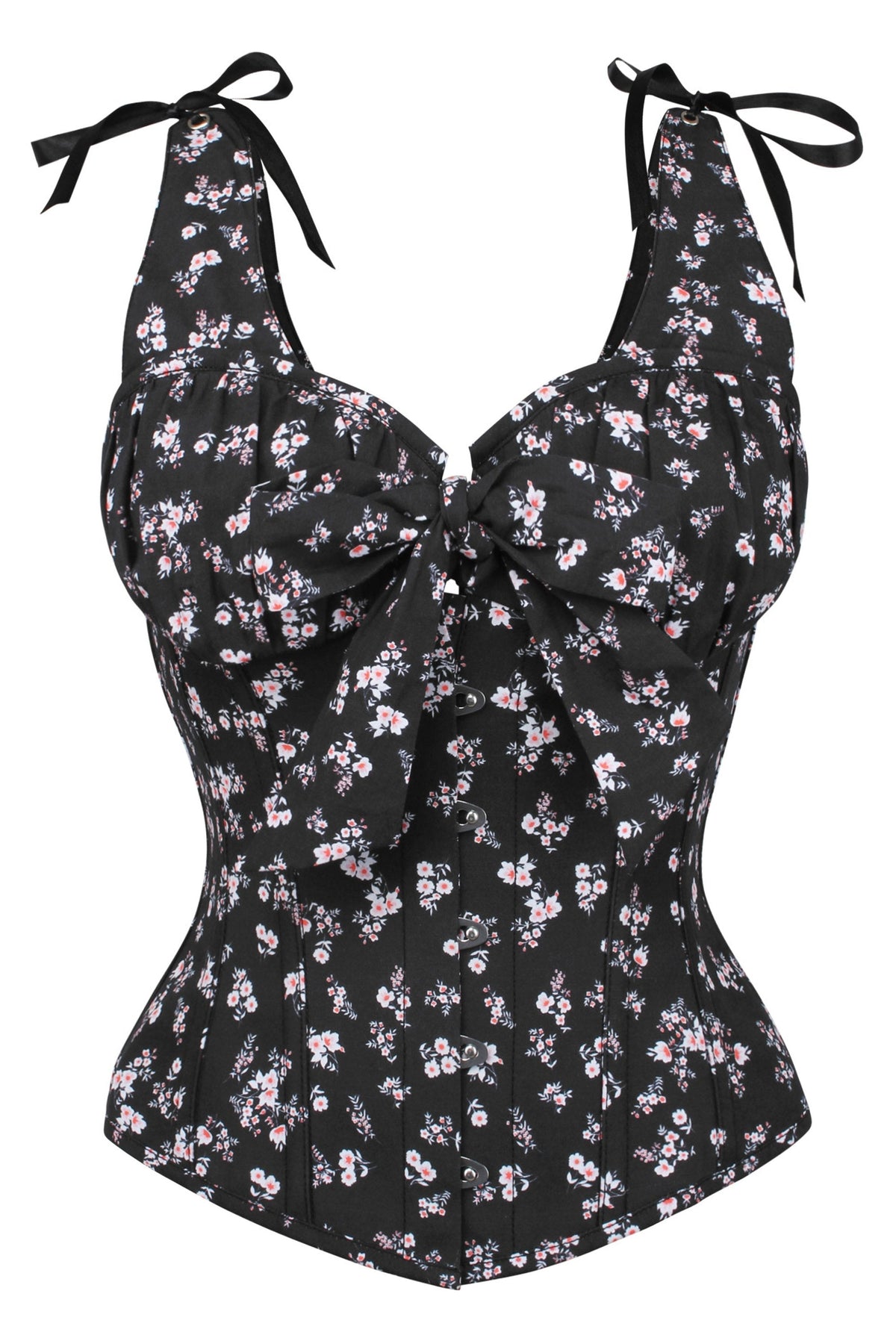 Dark Ditsy Floral Corset Top With Bow Detail