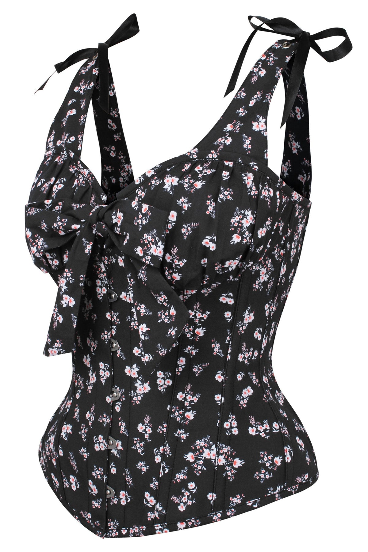 Dark Ditsy Floral Corset Top With Bow Detail