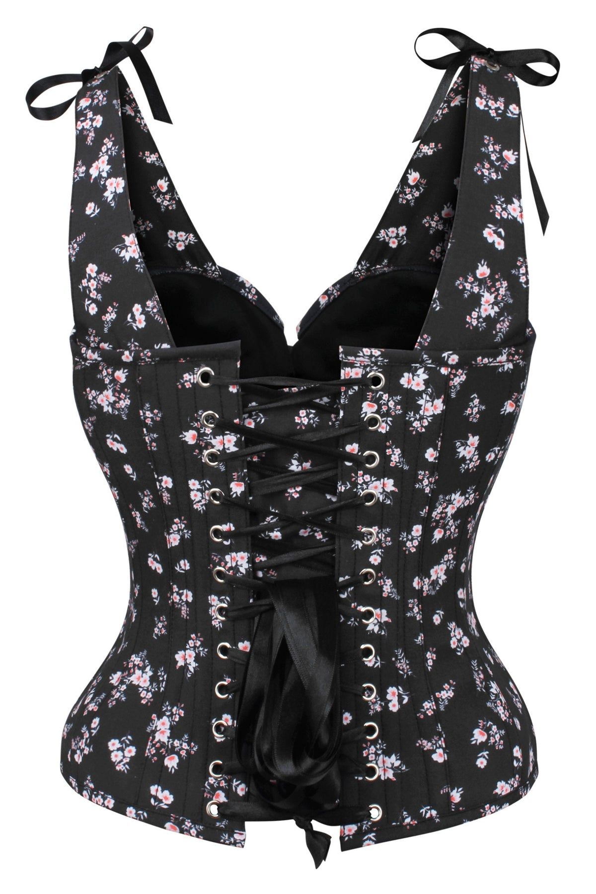 Dark Ditsy Floral Corset Top With Bow Detail