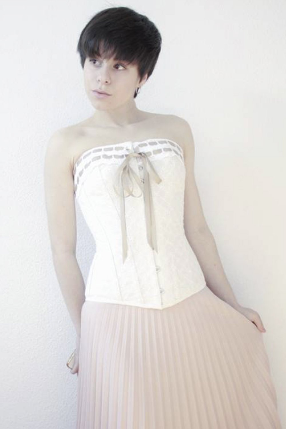 Vintage Inspired Straight Line Overbust With Ribbon Woven Through Lace Trim - Champagne