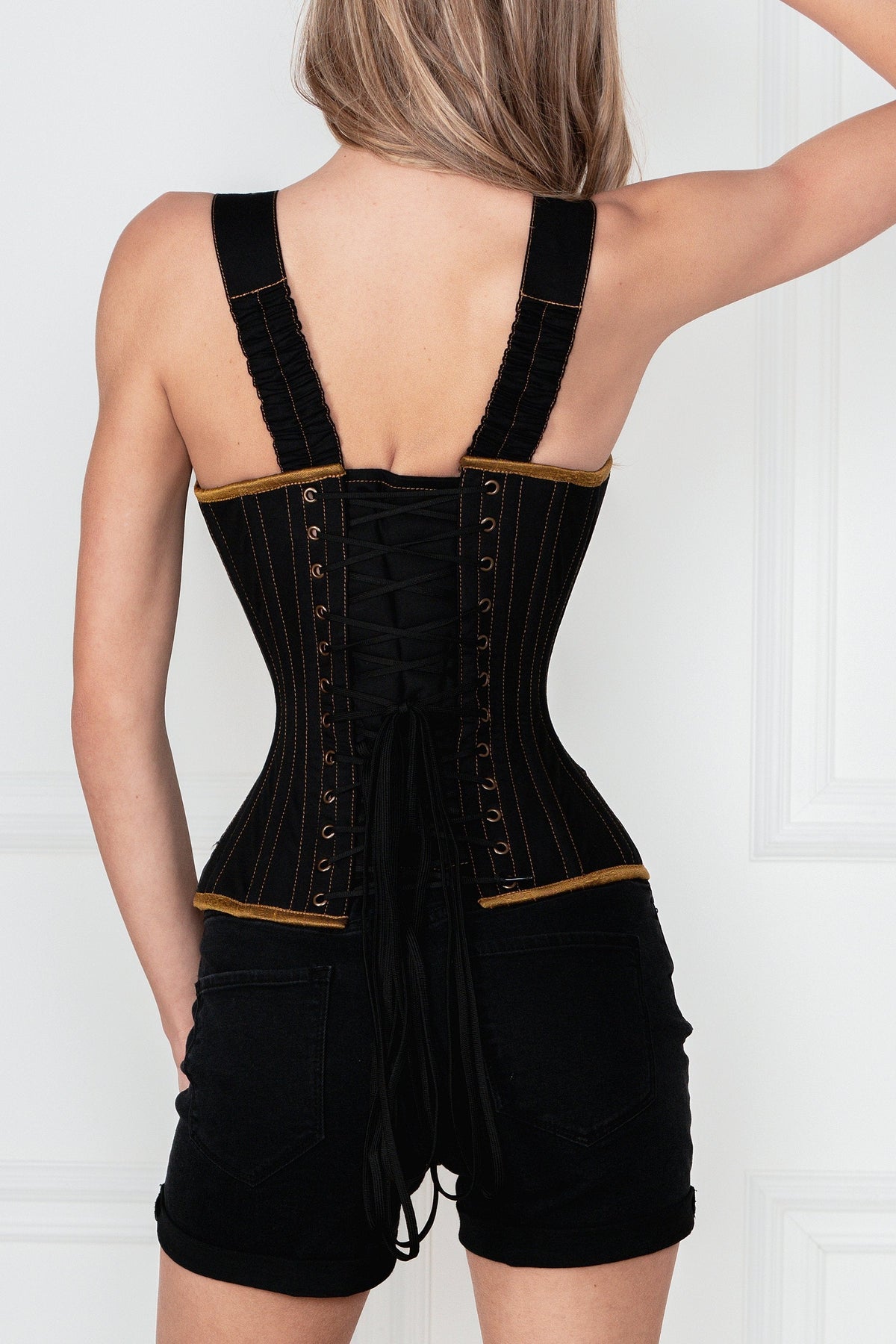 Black Denim Military Inspired Shoulder Strap Corset