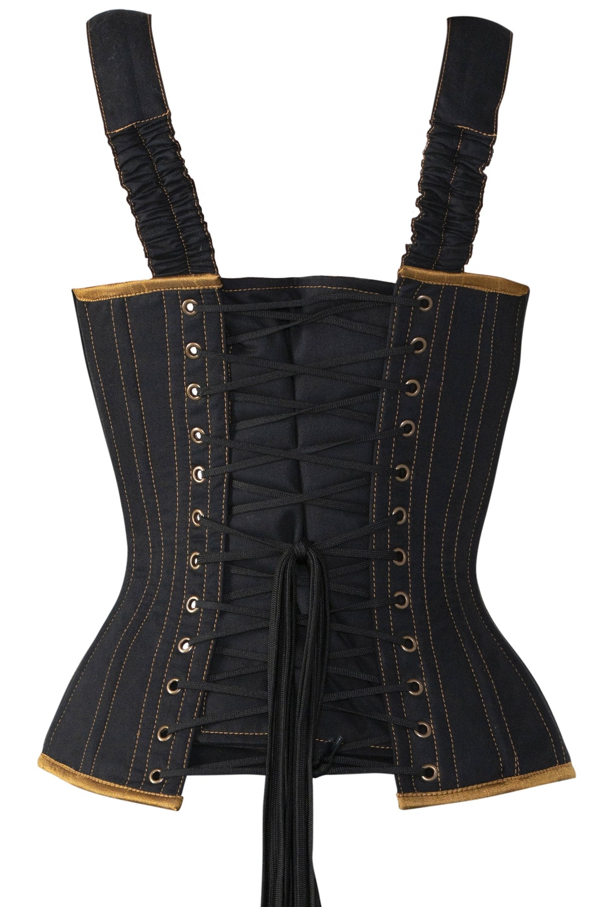 Black Denim Military Inspired Shoulder Strap Corset