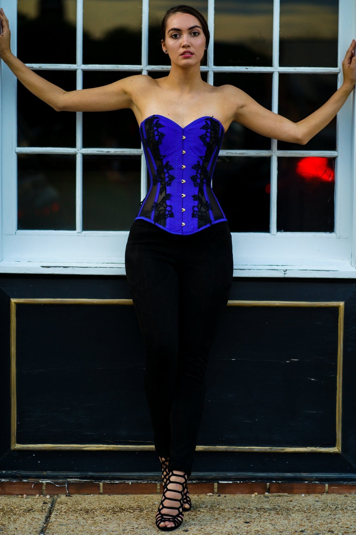Navy Blue Longline Overbust Corset With Black Lace And Mesh Panels