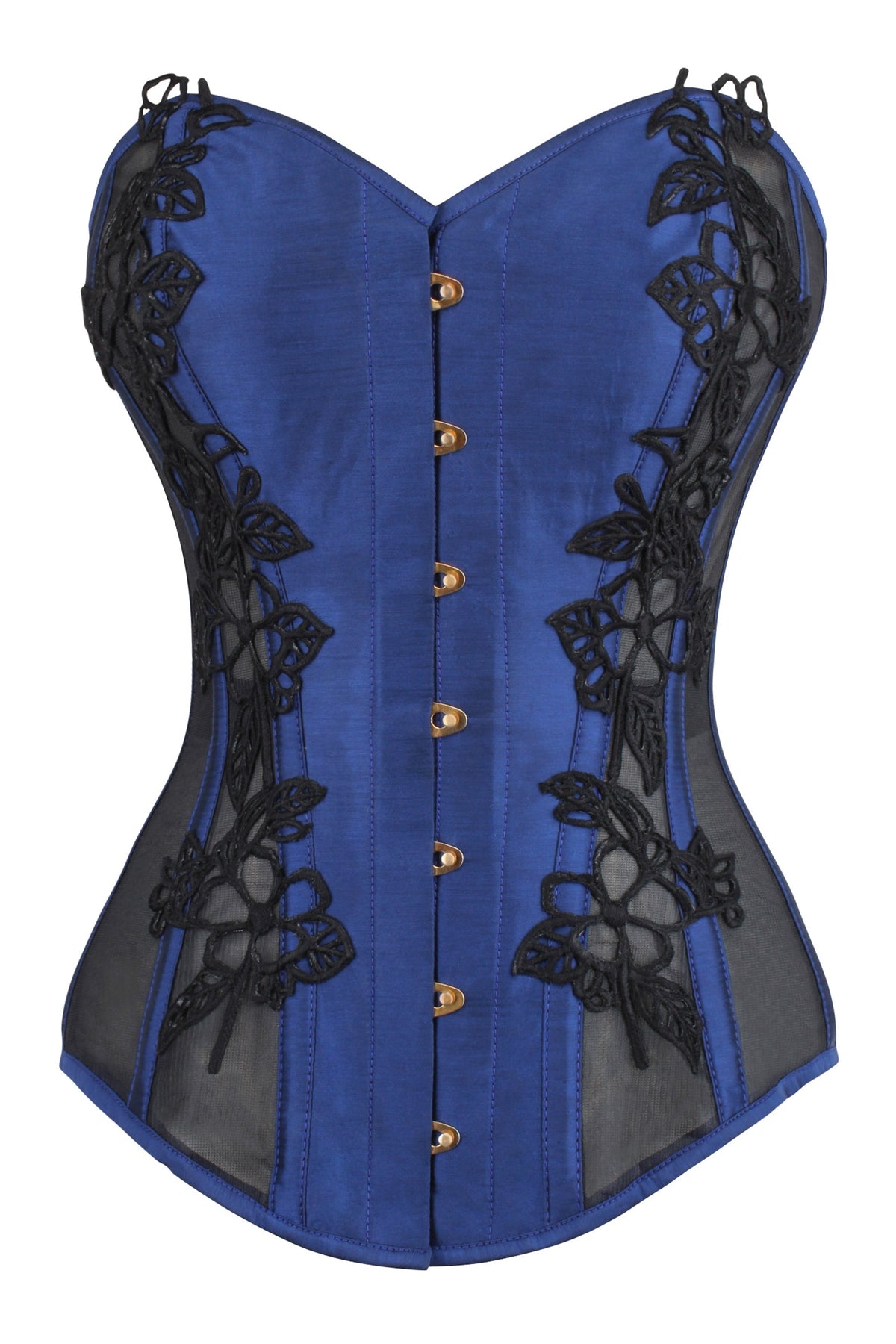 Navy Blue Longline Overbust Corset With Black Lace And Mesh Panels