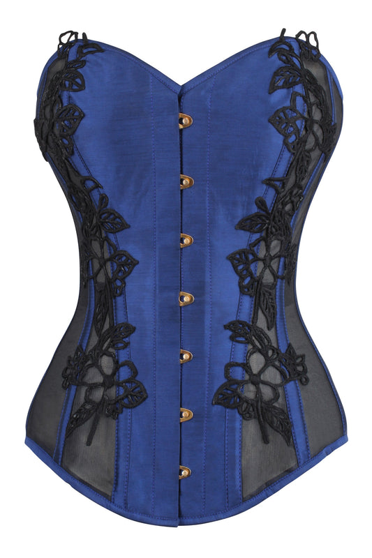 Navy Blue Longline Overbust Corset With Black Lace And Mesh Panels
