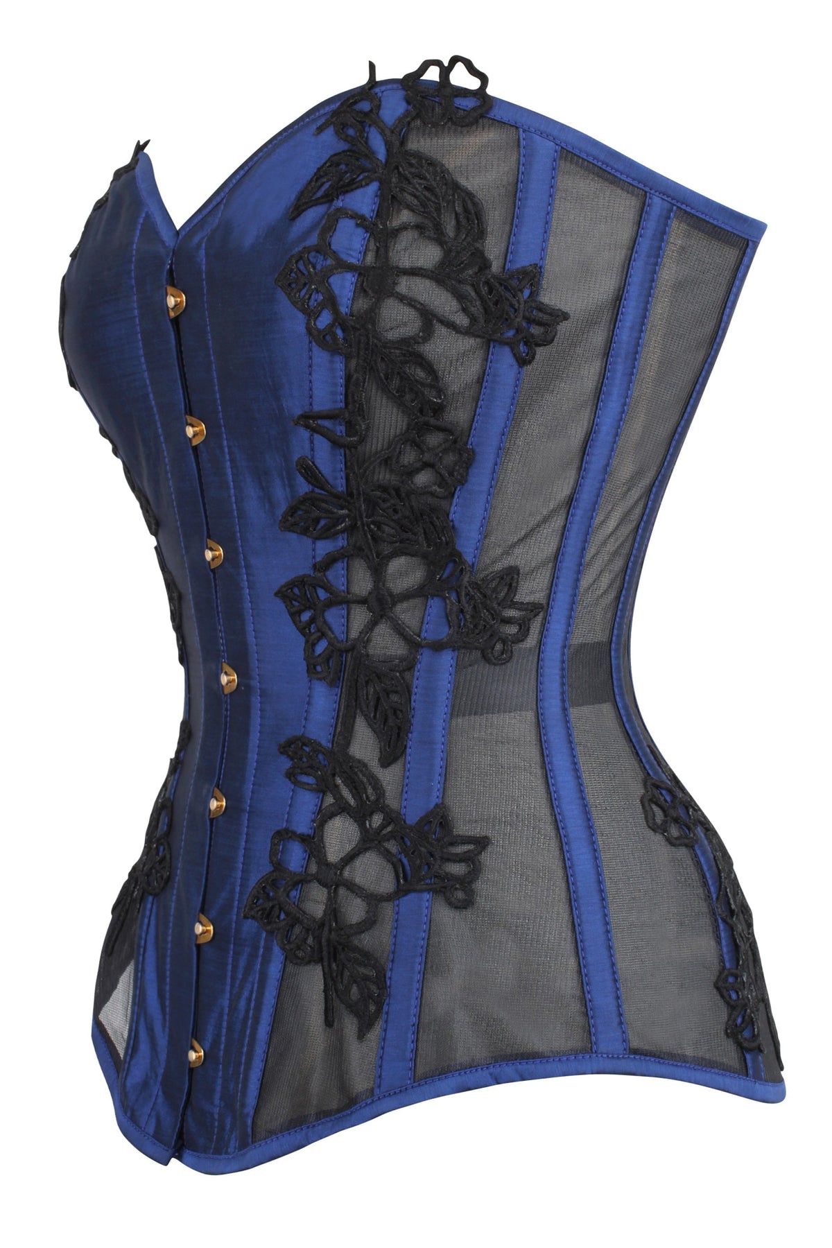 Navy Blue Longline Overbust Corset With Black Lace And Mesh Panels