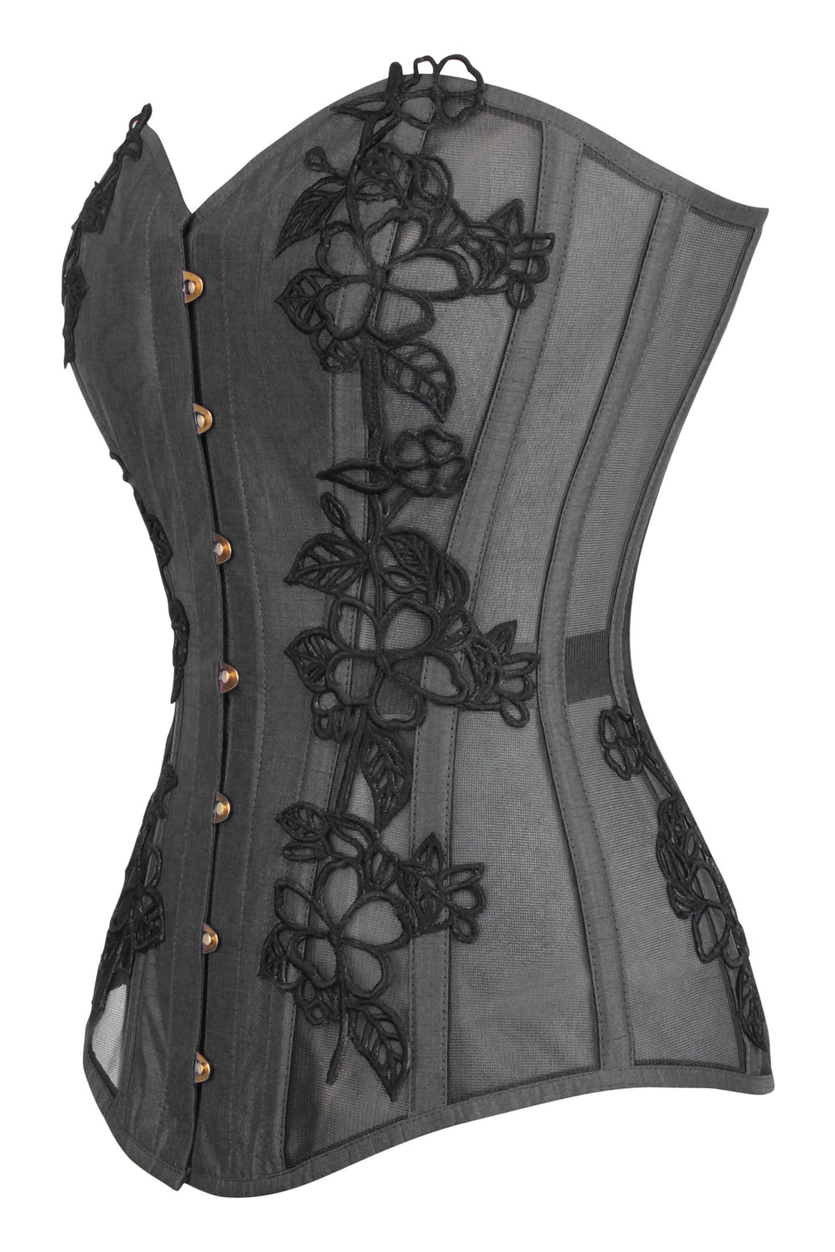 Black Longline Overbust Corset With Black Lace And Mesh Panels