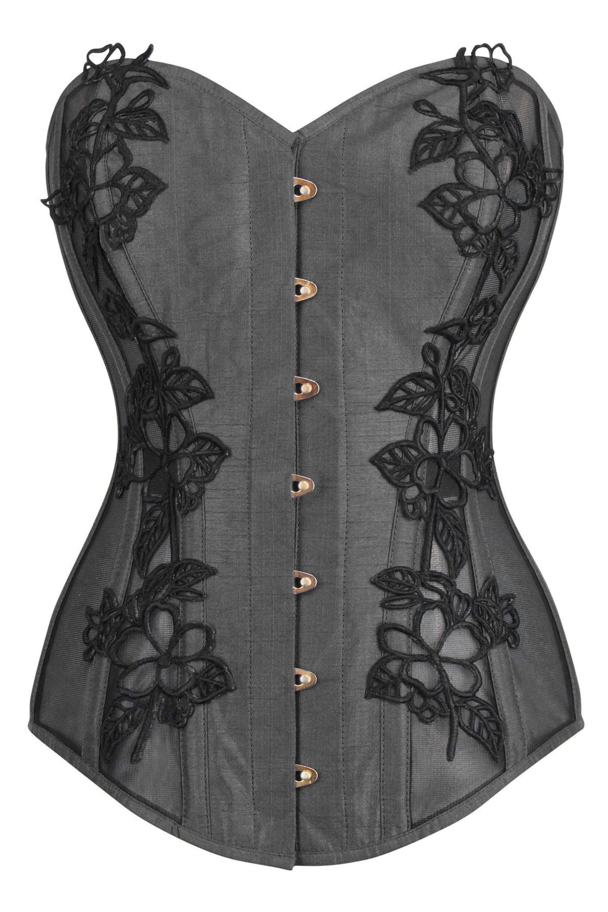 Black Longline Overbust Corset With Black Lace And Mesh Panels