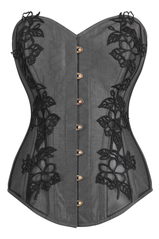 Black Longline Overbust Corset With Black Lace And Mesh Panels