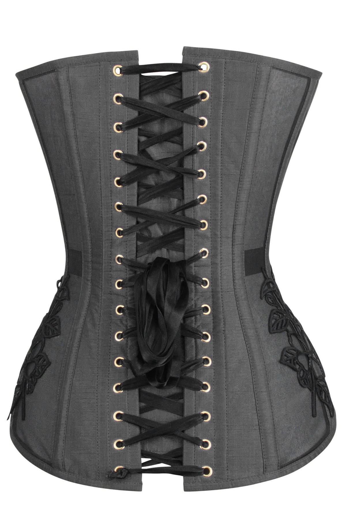 Black Longline Overbust Corset With Black Lace And Mesh Panels